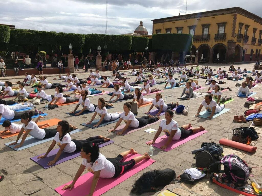 Yoga in the main plaza in San Miguel De Allende, a hub for artists, healers and wellness seekers.