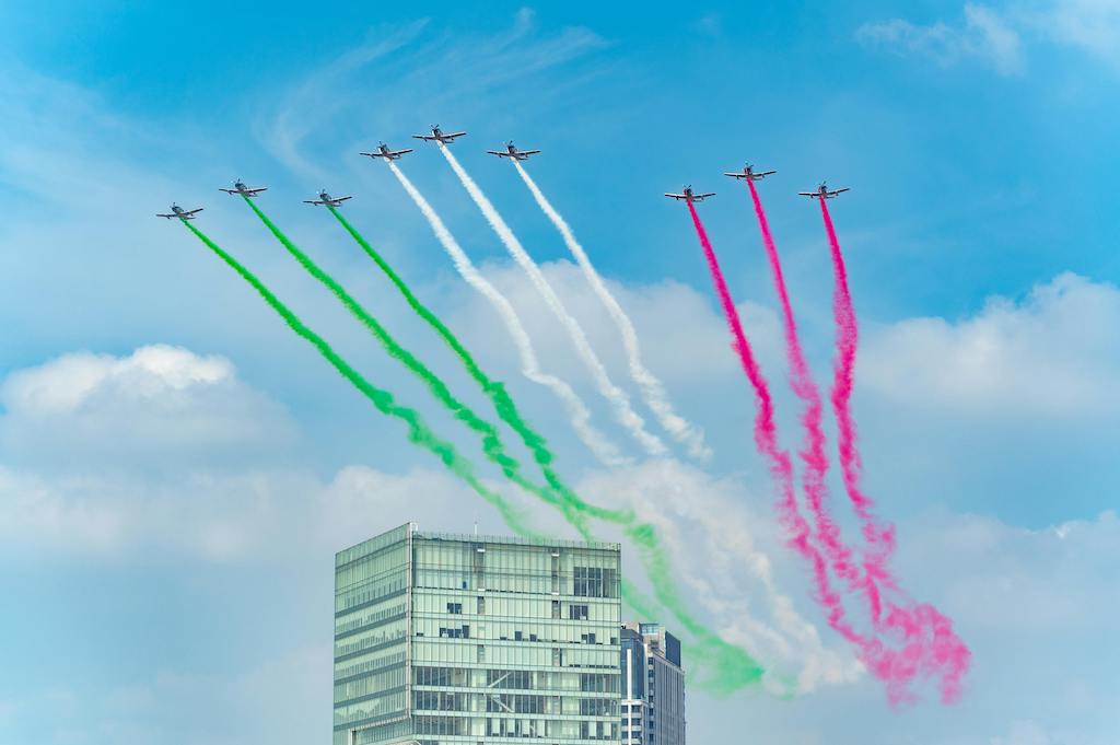 Mexican Independence Day celebration with flyovers,  fireworks and flags