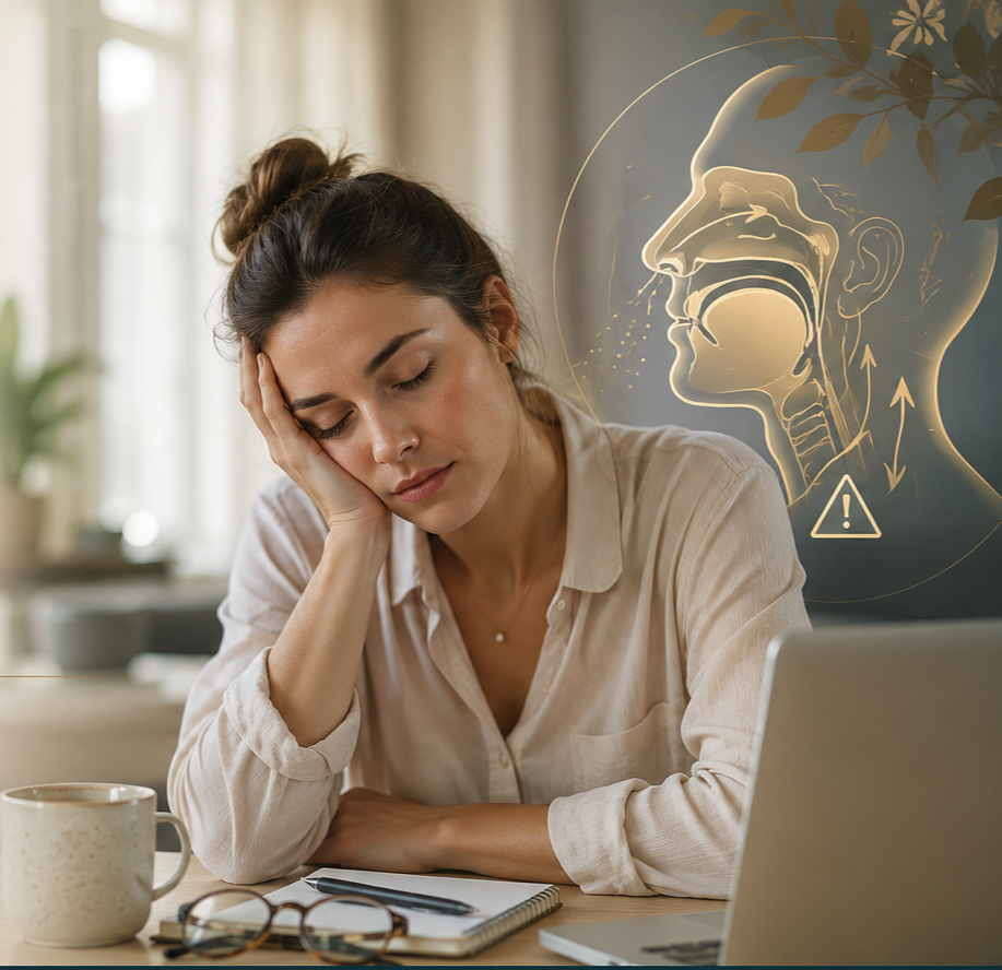 Woman resting her head in her hand at a desk, tired after a night of poor sleep